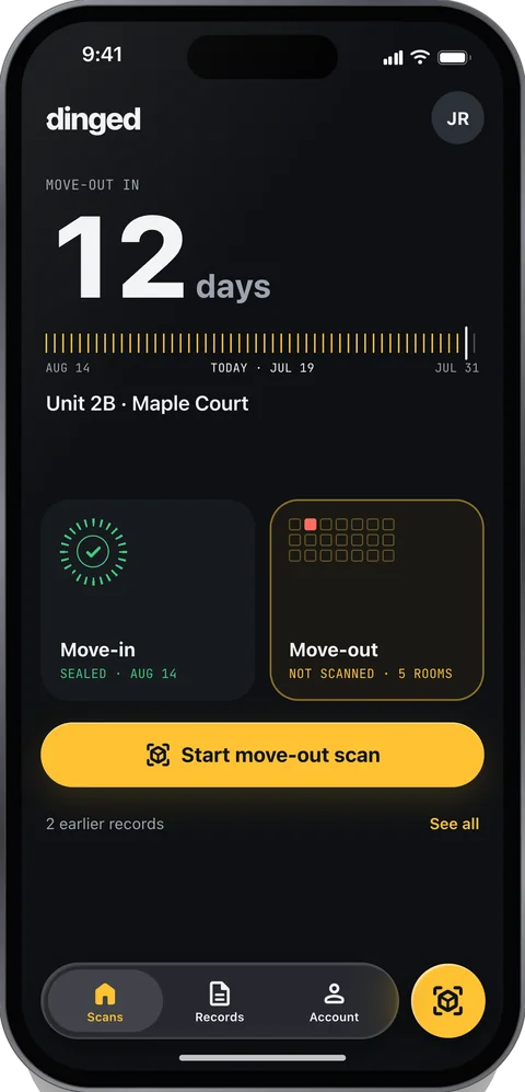 Unit 2B, Maple Court: move-out in 12 days, on a date ruler from Aug 14 to Jul 31. Move-in is sealed, move-out not scanned yet, with a Start move-out scan button.