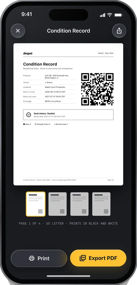 Condition Record, page 1 of 4: a US Letter cover listing the property, tenant, landlord, move-in and move-out scan times and coverage beside a verify QR code, with Print and Export PDF buttons.