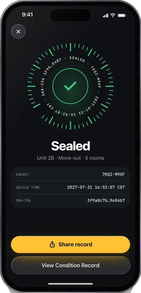 Sealed: Unit 2B move-out, 5 rooms. A ring of green ticks around a check mark, then the packet ID, a timestamp and a shortened SHA-256 fingerprint, with buttons to share the record or view the Condition Record.