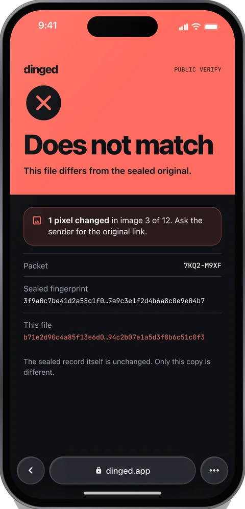 Public verify page in red: Does not match. 1 pixel changed in image 3 of 12. The sealed fingerprint and this file's fingerprint are shown one above the other, and they differ.